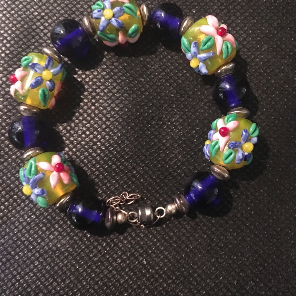 2 Hand made vintage glass flower bead bracelet